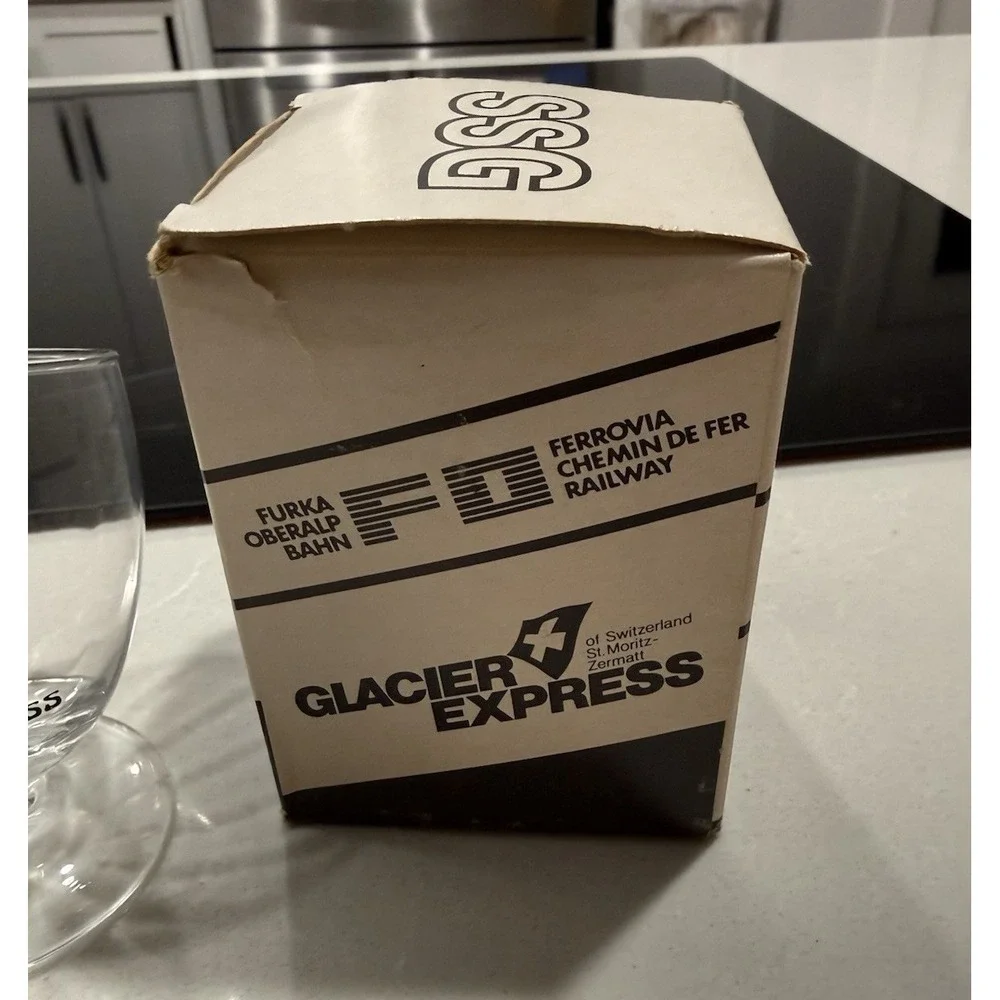 Glacier Express Swiss Train Slanted Wine Glass  Original Box‎ Set of 2 Vintage